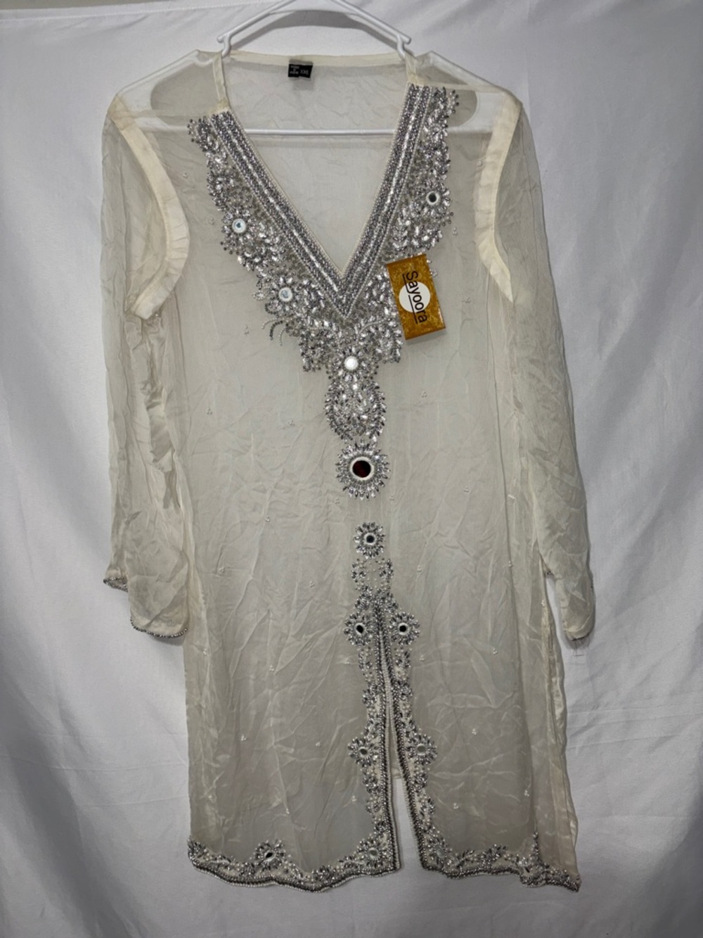 Embellished Ivory Sheer Tunic with Silver Beading